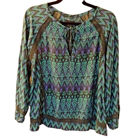 prAna Small Tie-Front Blouse | Blue Green Long Sleeve Boho Top Pre-Loved - Picture 1 of 5